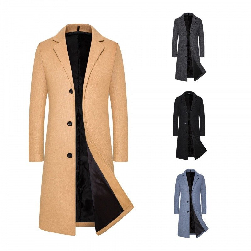 Men's Mid-Length Thickened Woolen Windbreaker Coat