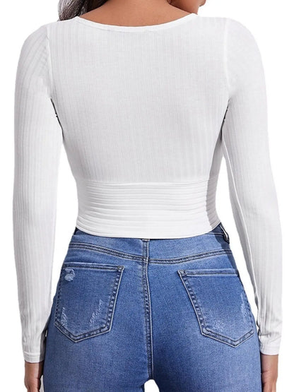 Women'S Y2K Plain Wrap V Neck Crop Tee, Fashion Casual Basic Long Sleeve Ribbed Slim-Fitting T-Shirt for Spring & Fall, T Shirts for Women, Women'S Clothing Birthday Gifts