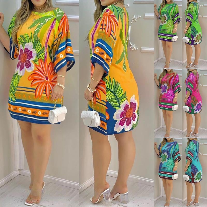 Women's Tropical Print Round-neck Casual Dress