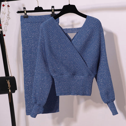 V-Neck Fashion Goddess Two-Piece Knit Set with Skirt