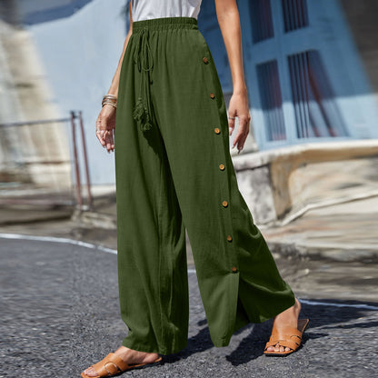Plus Size Boho Wide Leg Drawstring Pants with Buttons