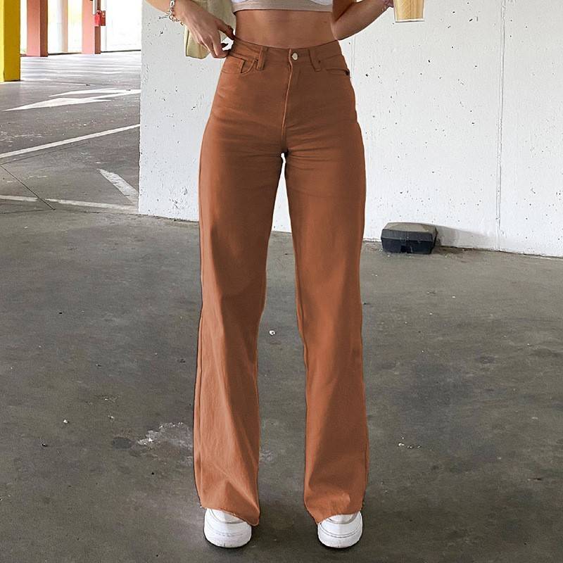High Waist Wide Leg Straight Jeans with Slash Pockets