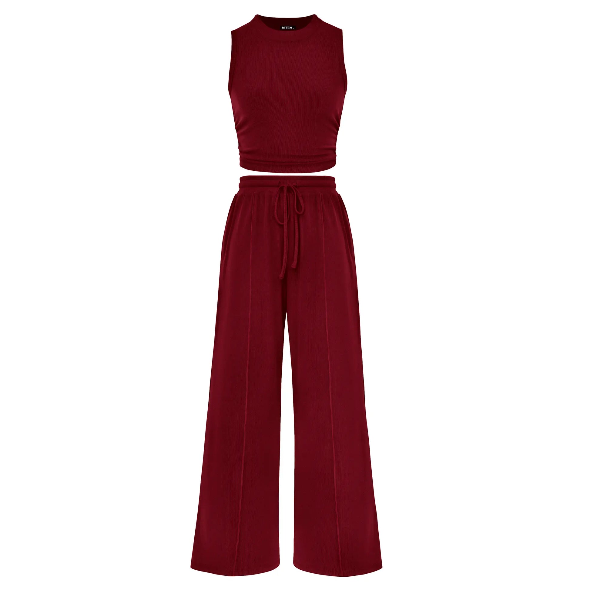 BTFBM Women'S Summer 2-Piece Outfits - Ribbed Knit Crew Neck Sleeveless Cropped Top & Wide Leg Pants Lounge Set #Outdoorfun