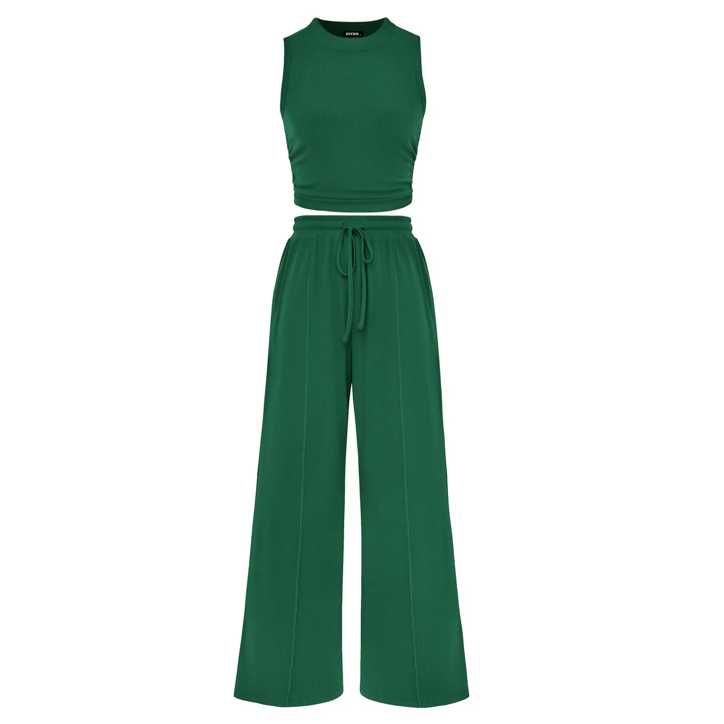 BTFBM Women'S Summer 2-Piece Outfits - Ribbed Knit Crew Neck Sleeveless Cropped Top & Wide Leg Pants Lounge Set #Outdoorfun