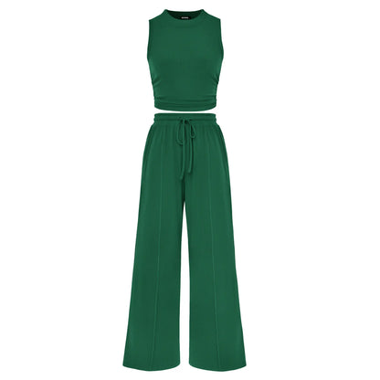 BTFBM Women'S Summer 2-Piece Outfits - Ribbed Knit Crew Neck Sleeveless Cropped Top & Wide Leg Pants Lounge Set #Outdoorfun