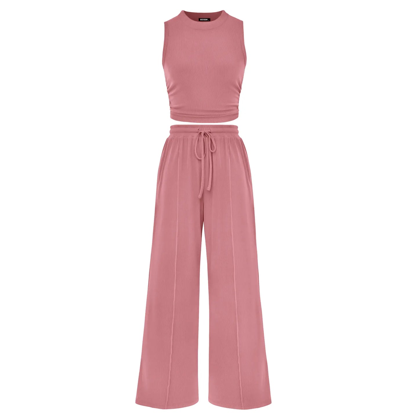 BTFBM Women'S Summer 2-Piece Outfits - Ribbed Knit Crew Neck Sleeveless Cropped Top & Wide Leg Pants Lounge Set #Outdoorfun