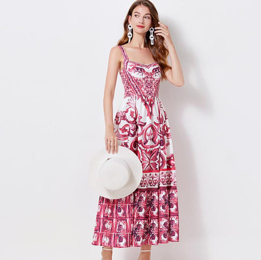 Vintage Floral Strap Maxi Dress with Fitted Waist