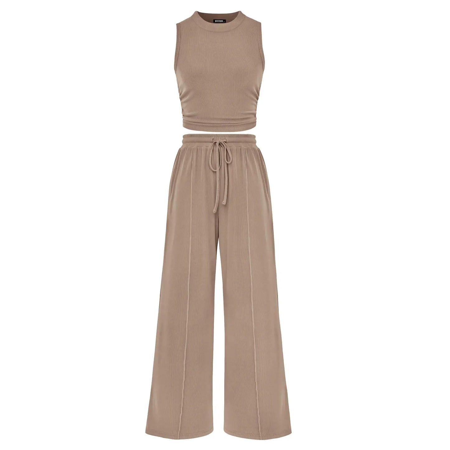 BTFBM Women'S Summer 2-Piece Outfits - Ribbed Knit Crew Neck Sleeveless Cropped Top & Wide Leg Pants Lounge Set #Outdoorfun