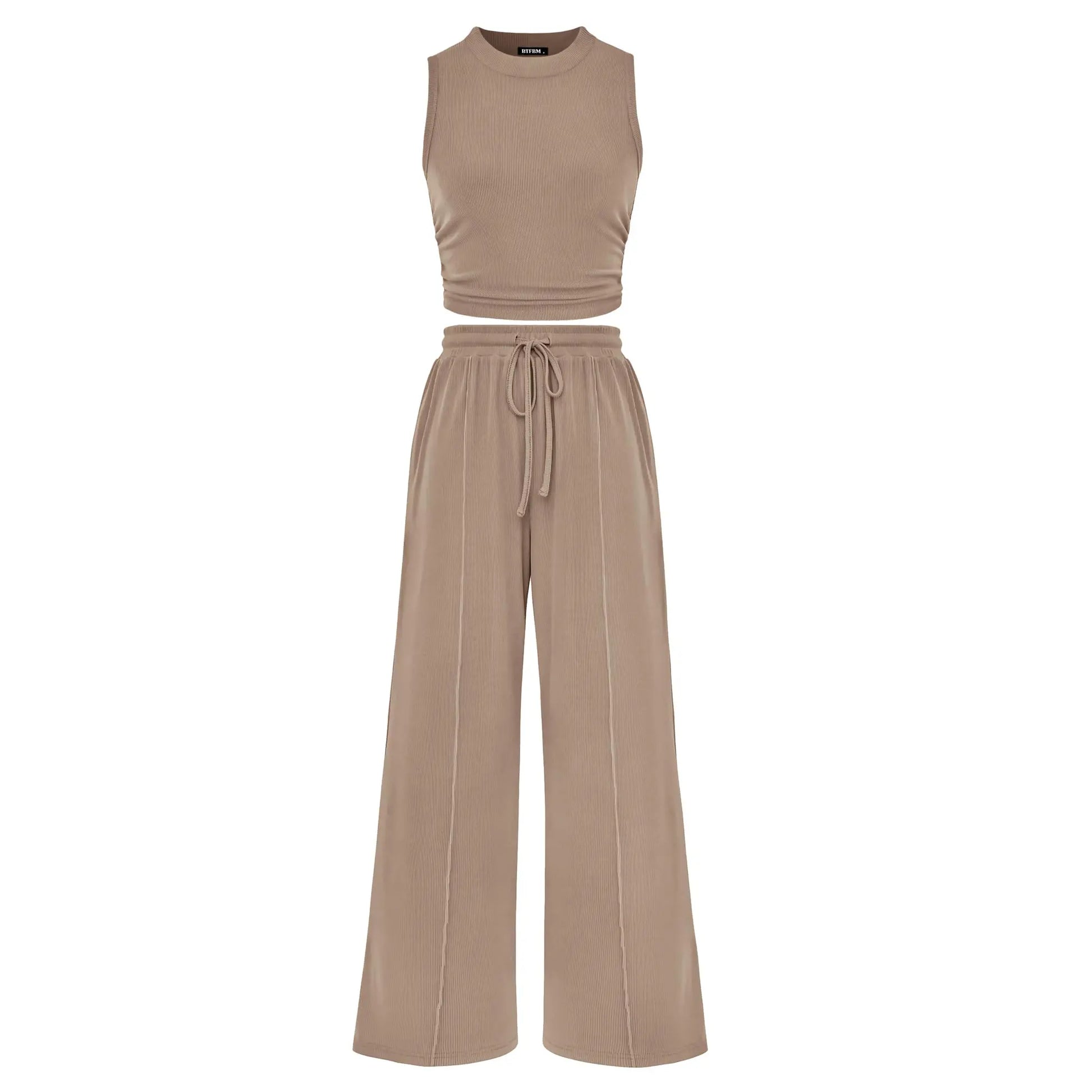 BTFBM Women'S Summer 2-Piece Outfits - Ribbed Knit Crew Neck Sleeveless Cropped Top & Wide Leg Pants Lounge Set #Outdoorfun