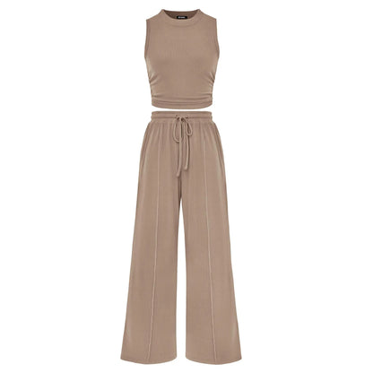 BTFBM Women'S Summer 2-Piece Outfits - Ribbed Knit Crew Neck Sleeveless Cropped Top & Wide Leg Pants Lounge Set #Outdoorfun
