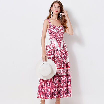 Vintage Floral Strap Maxi Dress with Fitted Waist