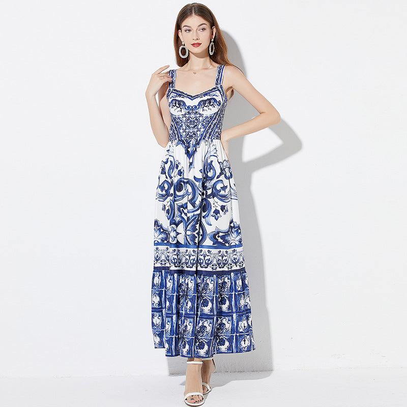 Vintage Floral Strap Maxi Dress with Fitted Waist