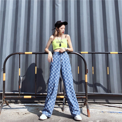 Korean Vintage Checkered Loose Fit Wide-Leg Jeans