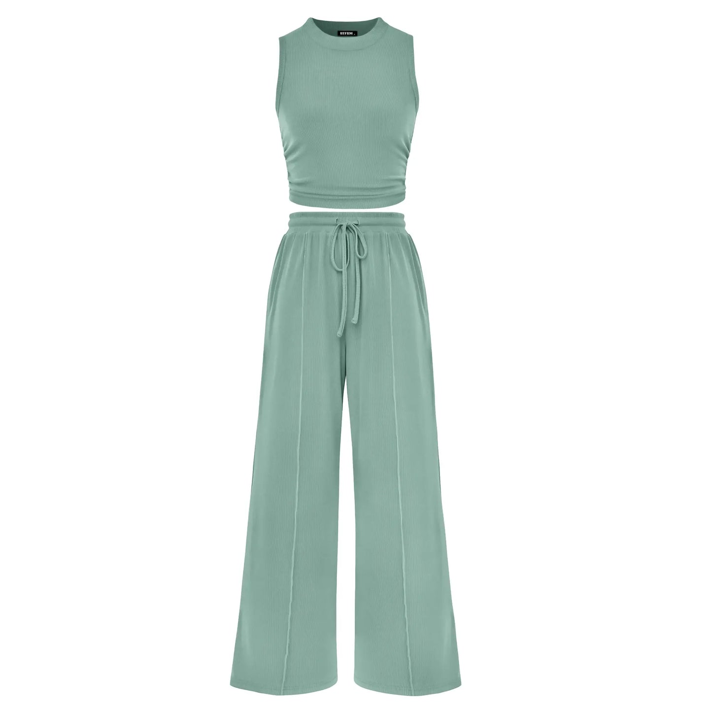 BTFBM Women'S Summer 2-Piece Outfits - Ribbed Knit Crew Neck Sleeveless Cropped Top & Wide Leg Pants Lounge Set #Outdoorfun