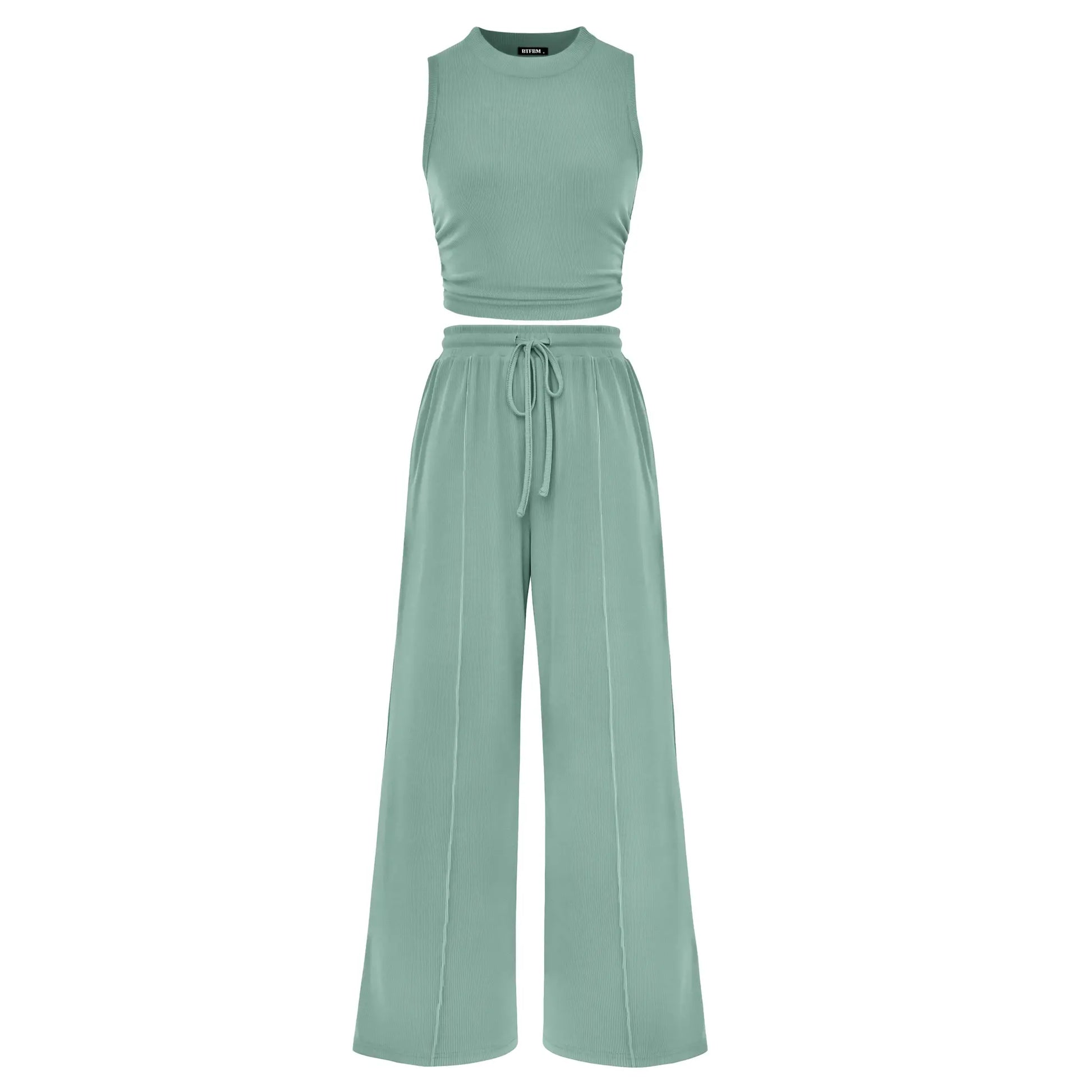 BTFBM Women'S Summer 2-Piece Outfits - Ribbed Knit Crew Neck Sleeveless Cropped Top & Wide Leg Pants Lounge Set #Outdoorfun