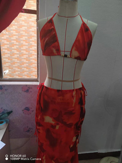 2022 WISH Printed Sexy Bikini Wrap Skirt Set