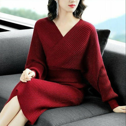 V-Neck Fashion Goddess Two-Piece Knit Set with Skirt