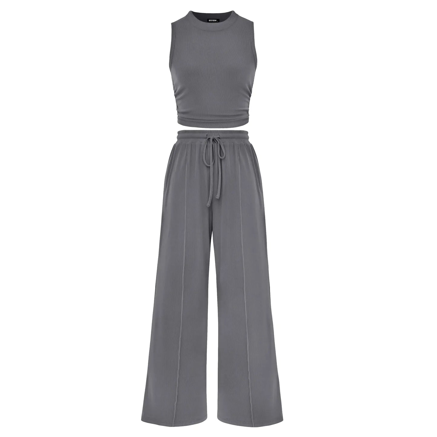 BTFBM Women'S Summer 2-Piece Outfits - Ribbed Knit Crew Neck Sleeveless Cropped Top & Wide Leg Pants Lounge Set #Outdoorfun