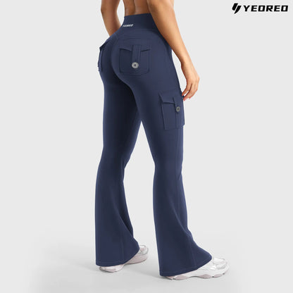 YEOREO Coreflex Women'S Workout Flare Leggings with Pockets Hidden Scrunch High Waisted Cargo Gym Yoga No Front Seam Leggings Flared Joggers Fitness Outfit Camouflage Sports Pants 75% Nylon 25% Spandex