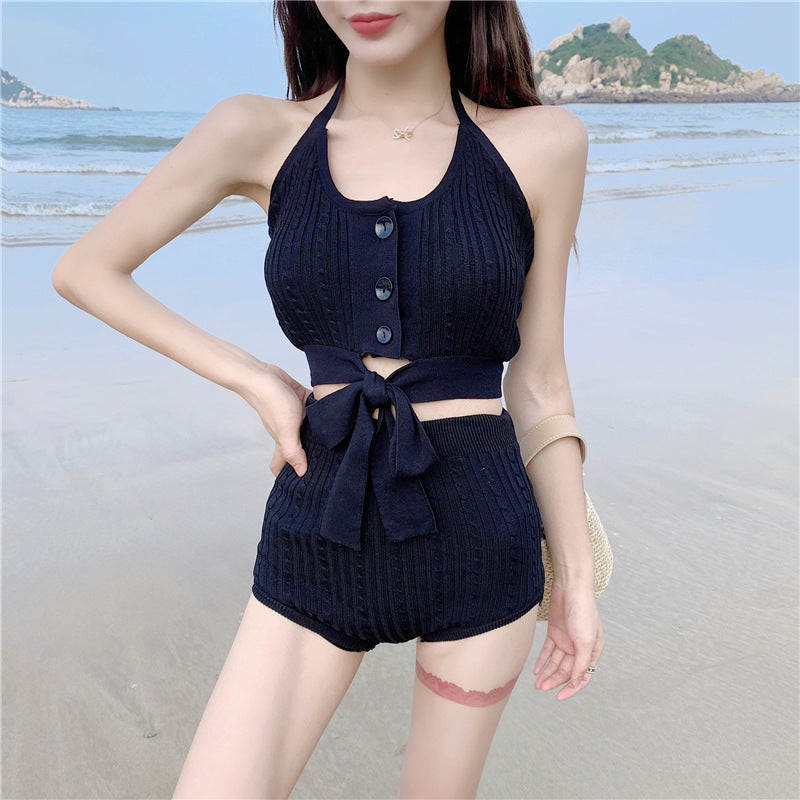Women's Two-Piece Swimwear Set with Tie-Braided Neck