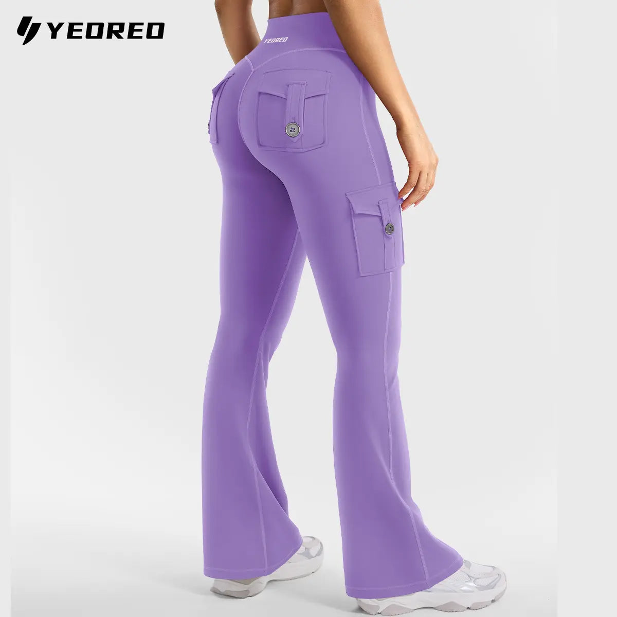 YEOREO Coreflex Women'S Workout Flare Leggings with Pockets Hidden Scrunch High Waisted Cargo Gym Yoga No Front Seam Leggings Flared Joggers Fitness Outfit Camouflage Sports Pants 75% Nylon 25% Spandex