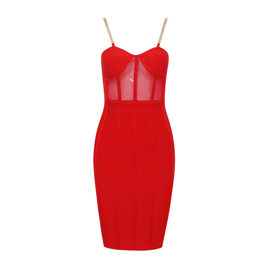 Sexy Mesh Bodycon Dress with Metal Chain Straps