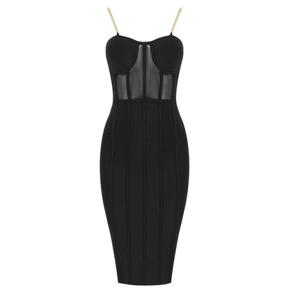 Sexy Mesh Bodycon Dress with Metal Chain Straps