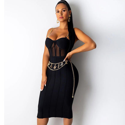 Sexy Mesh Bodycon Dress with Metal Chain Straps