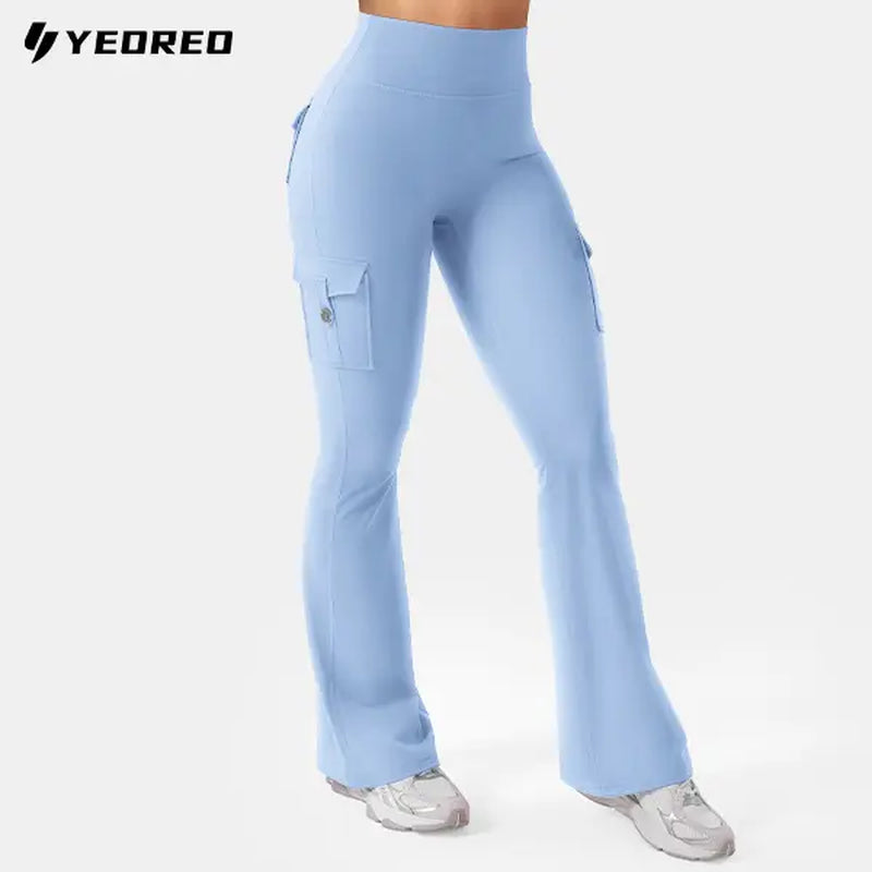 YEOREO Coreflex Women'S Workout Flare Leggings with Pockets Hidden Scrunch High Waisted Cargo Gym Yoga No Front Seam Leggings Flared Joggers Fitness Outfit Camouflage Sports Pants 75% Nylon 25% Spandex