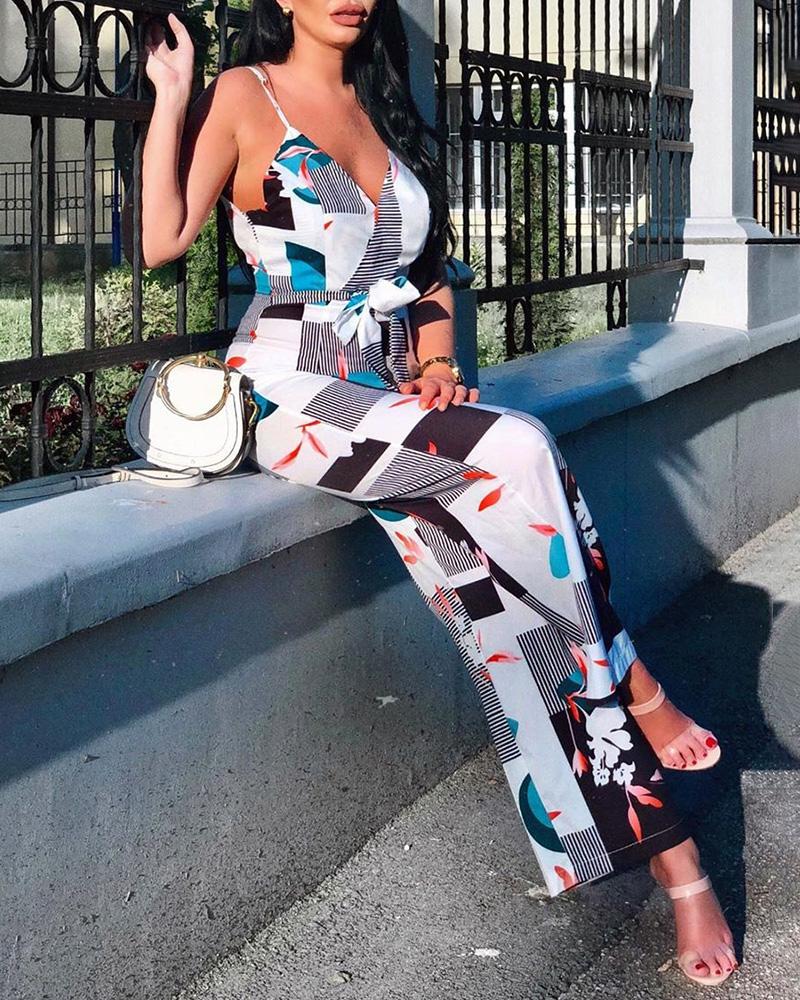 Printed Jumpsuit with Sexy Straps and Wide Legs