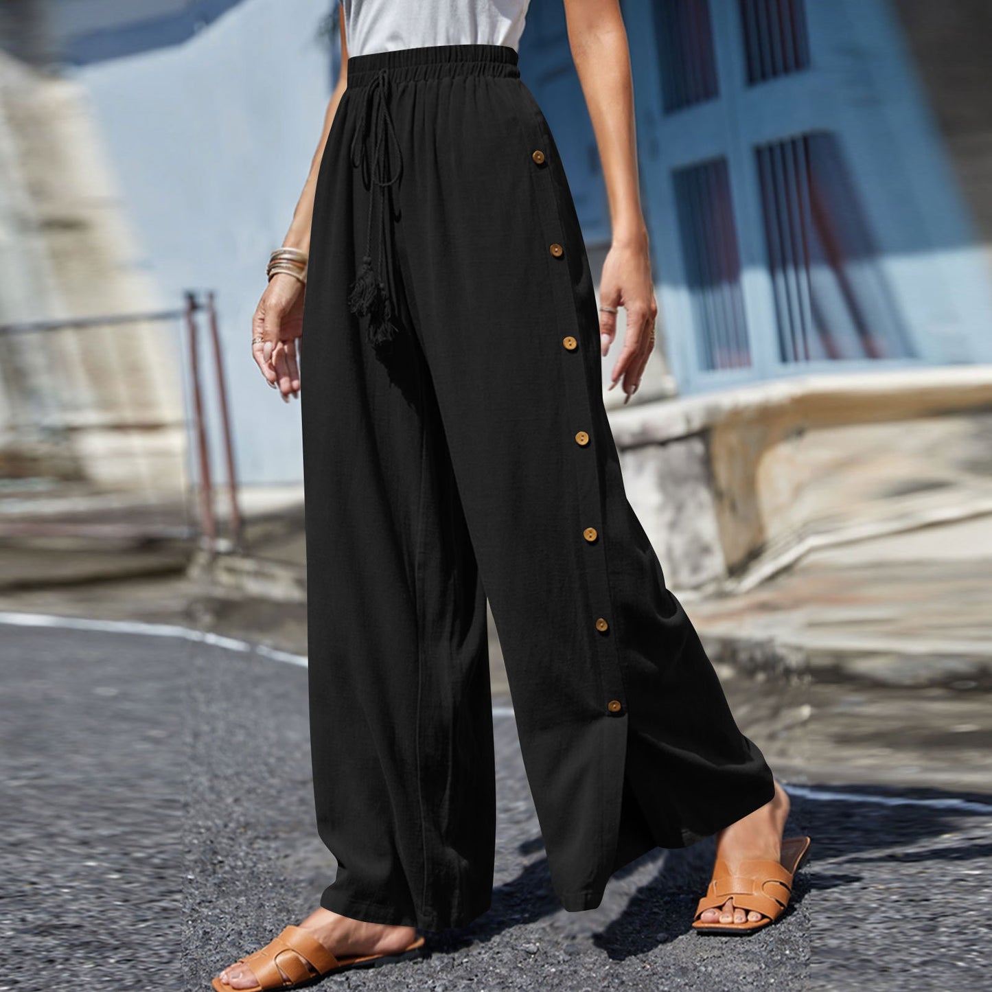 Plus Size Boho Wide Leg Drawstring Pants with Buttons