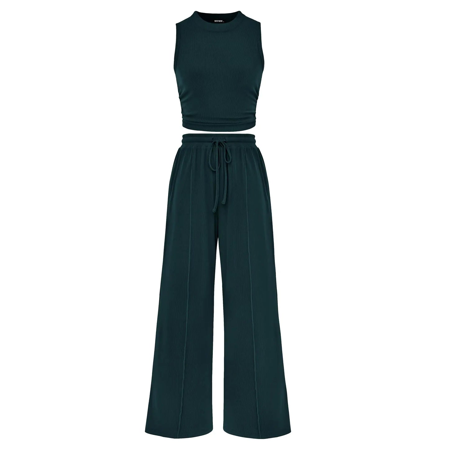 BTFBM Women'S Summer 2-Piece Outfits - Ribbed Knit Crew Neck Sleeveless Cropped Top & Wide Leg Pants Lounge Set #Outdoorfun