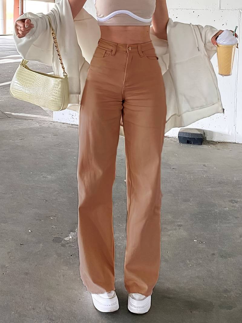 High Waist Wide Leg Straight Jeans with Slash Pockets