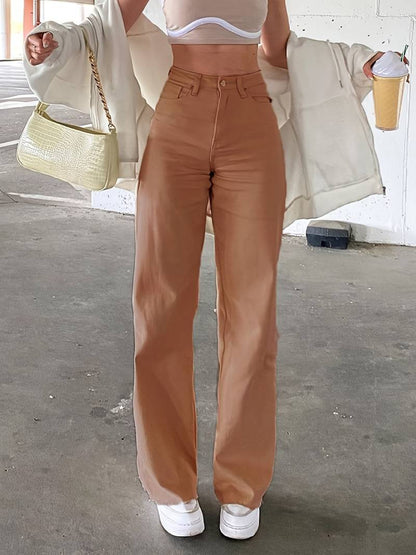 High Waist Wide Leg Straight Jeans with Slash Pockets