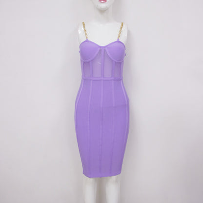 Sexy Mesh Bodycon Dress with Metal Chain Straps