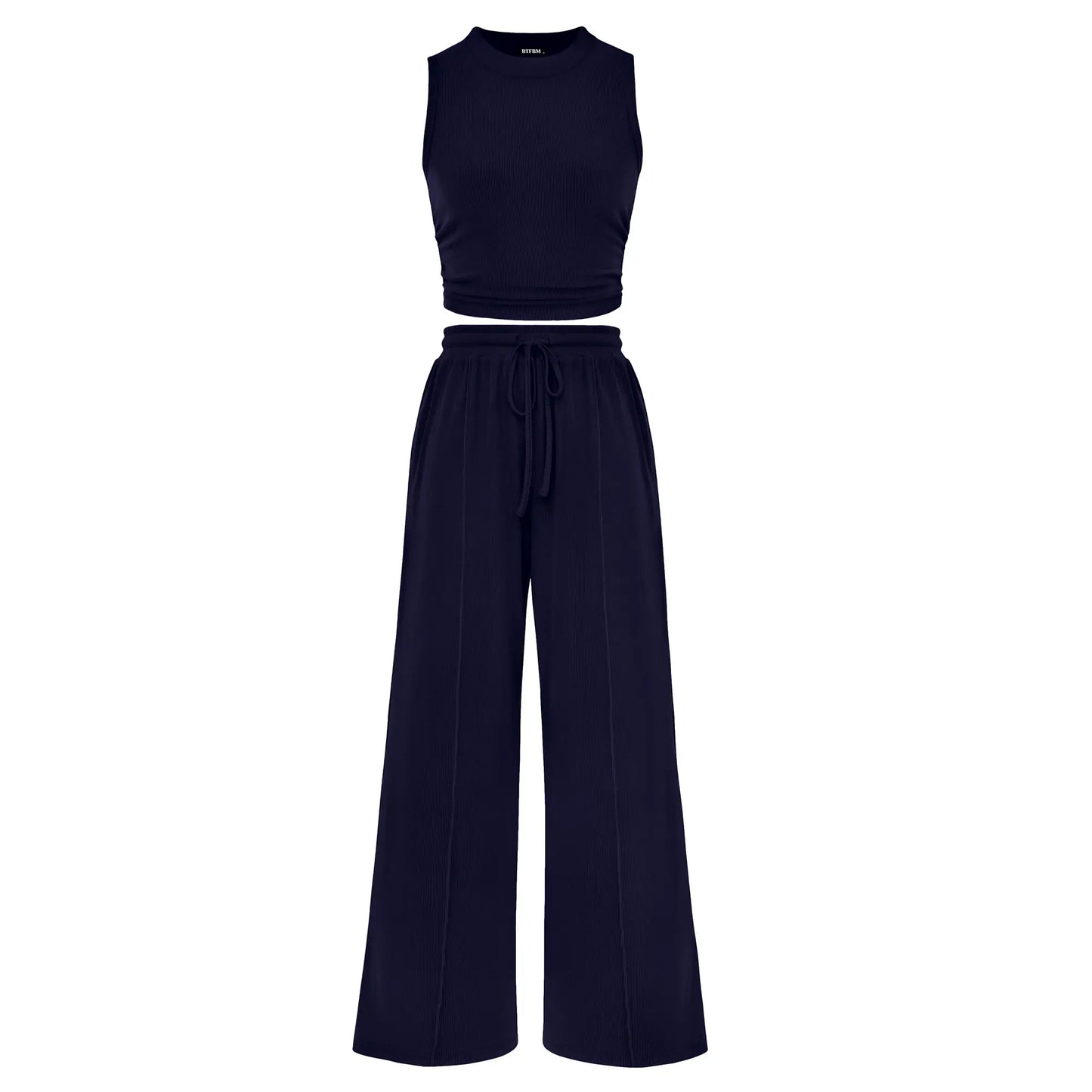BTFBM Women'S Summer 2-Piece Outfits - Ribbed Knit Crew Neck Sleeveless Cropped Top & Wide Leg Pants Lounge Set #Outdoorfun