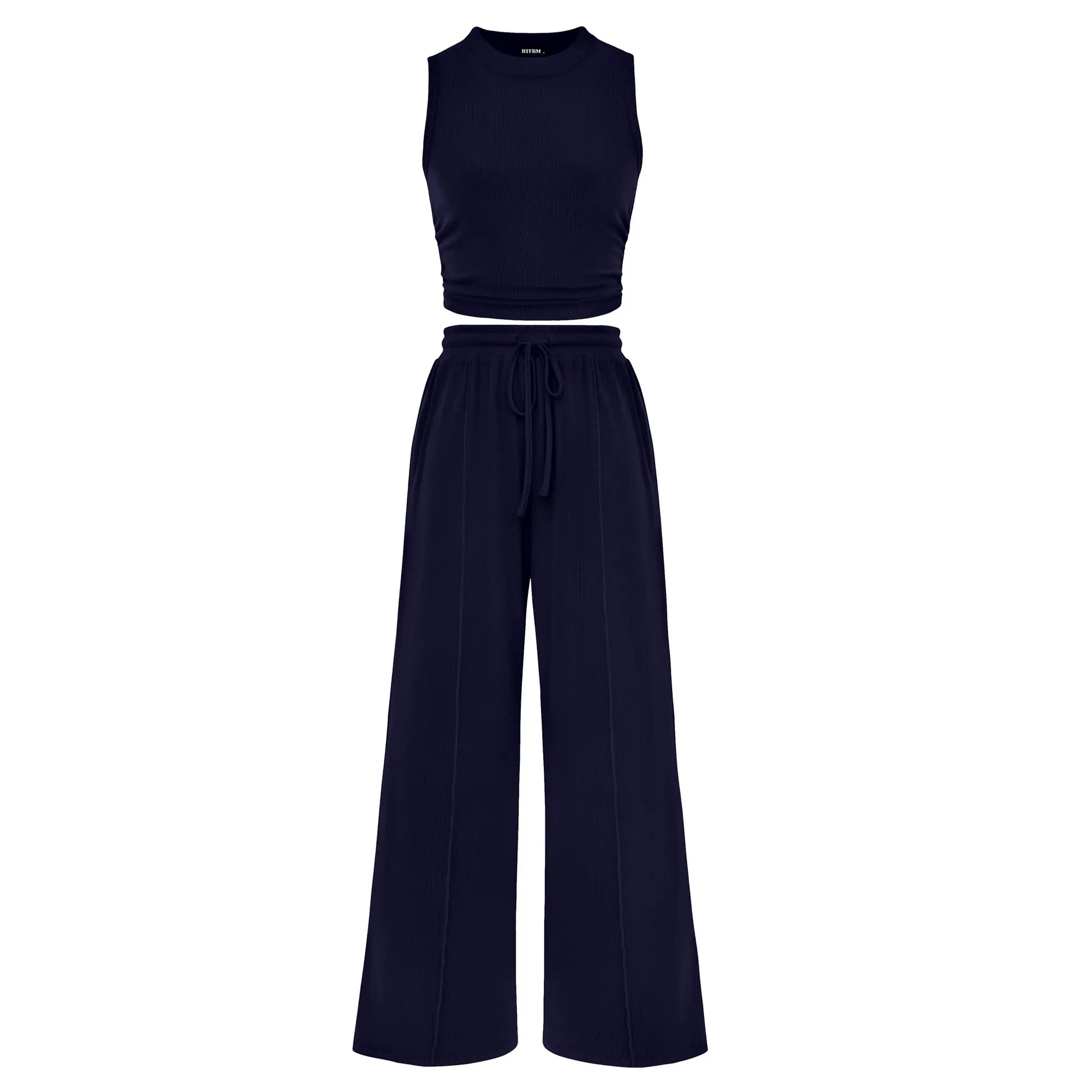 BTFBM Women'S Summer 2-Piece Outfits - Ribbed Knit Crew Neck Sleeveless Cropped Top & Wide Leg Pants Lounge Set #Outdoorfun