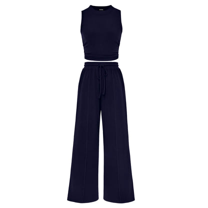 BTFBM Women'S Summer 2-Piece Outfits - Ribbed Knit Crew Neck Sleeveless Cropped Top & Wide Leg Pants Lounge Set #Outdoorfun