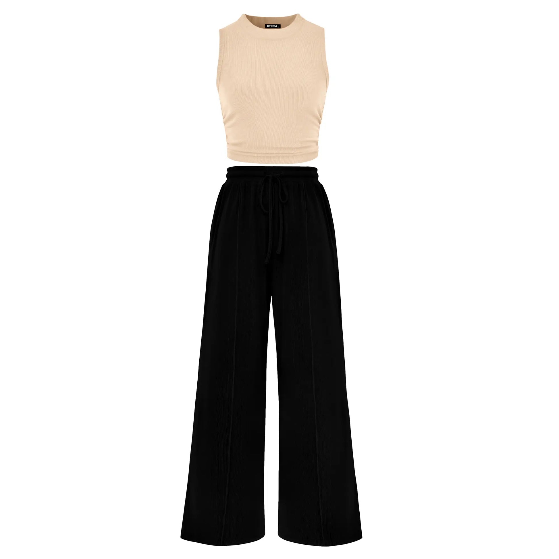BTFBM Women'S Summer 2-Piece Outfits - Ribbed Knit Crew Neck Sleeveless Cropped Top & Wide Leg Pants Lounge Set #Outdoorfun