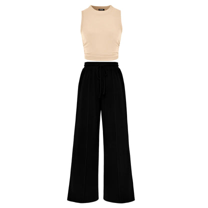 BTFBM Women'S Summer 2-Piece Outfits - Ribbed Knit Crew Neck Sleeveless Cropped Top & Wide Leg Pants Lounge Set #Outdoorfun