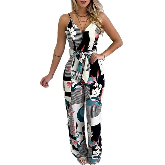 Printed Jumpsuit with Sexy Straps and Wide Legs