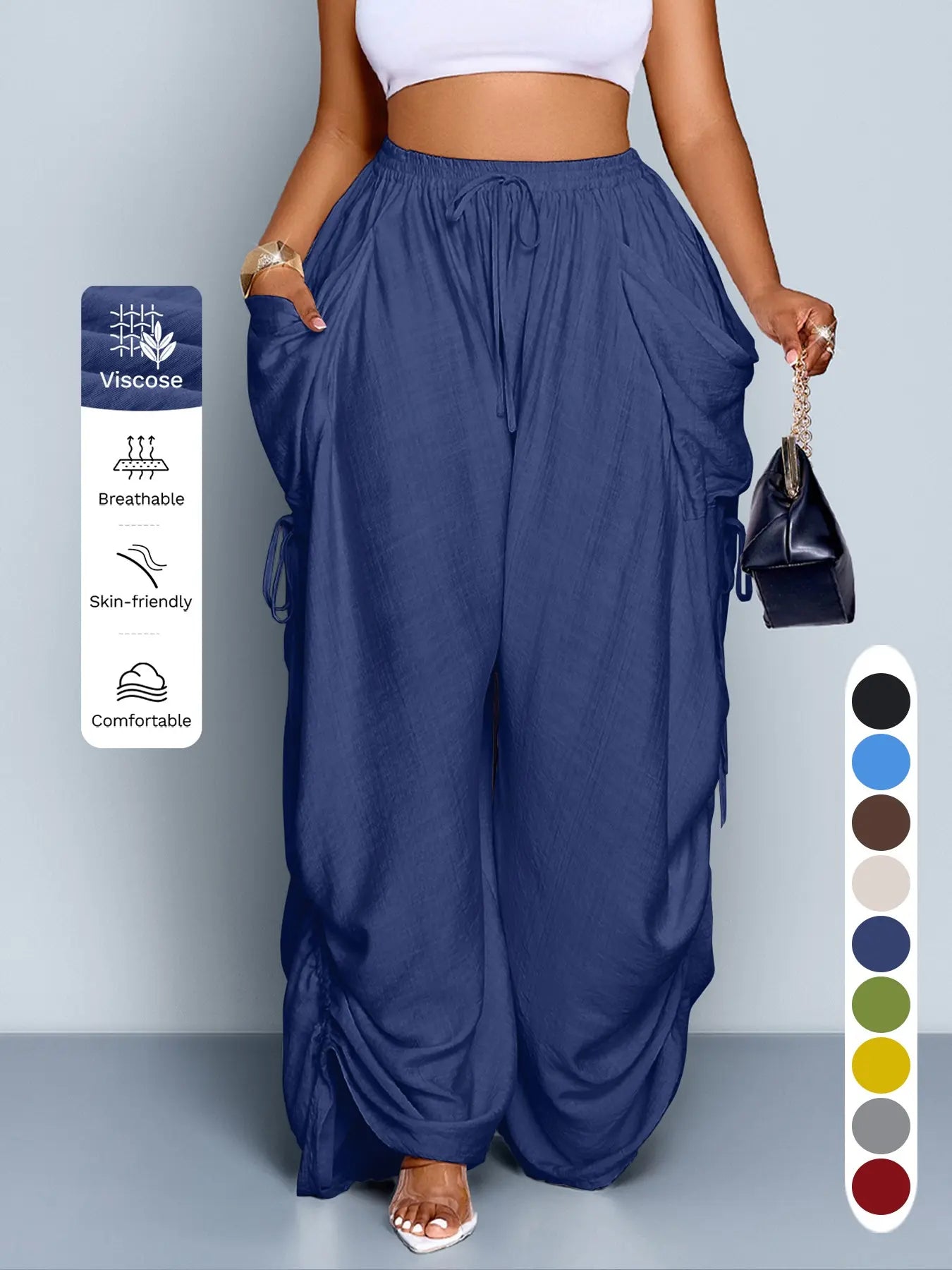 Women'S Casual Loose-Fit Wide Leg Pants, All-Season Woven Fabric, Long Plain Design, Daily Commute & Vacation Wear