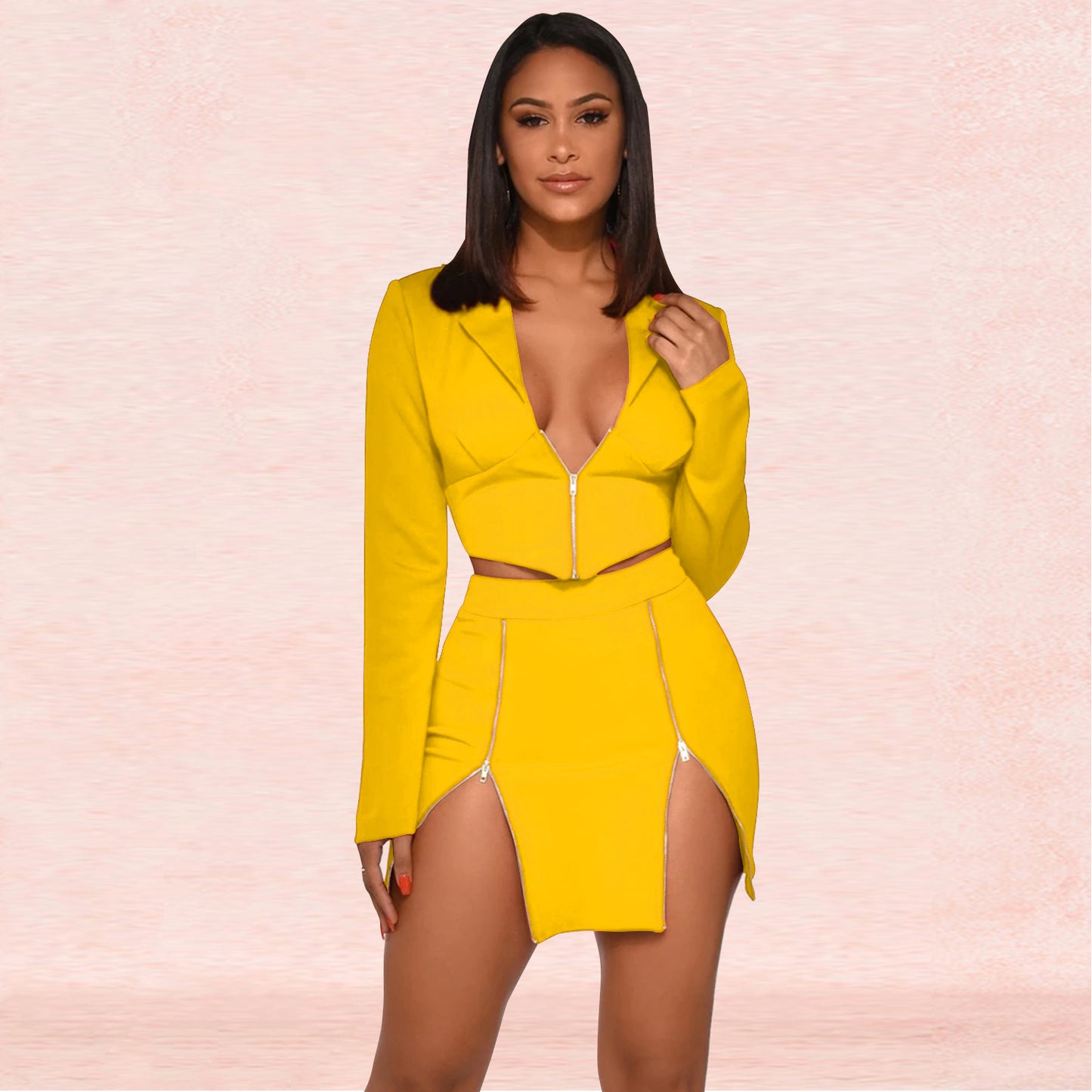 Women's Sexy V-Neck Blazer and Skirt Two-Piece Set