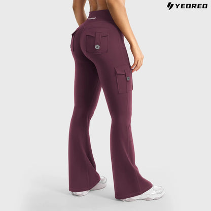 YEOREO Coreflex Women'S Workout Flare Leggings with Pockets Hidden Scrunch High Waisted Cargo Gym Yoga No Front Seam Leggings Flared Joggers Fitness Outfit Camouflage Sports Pants 75% Nylon 25% Spandex