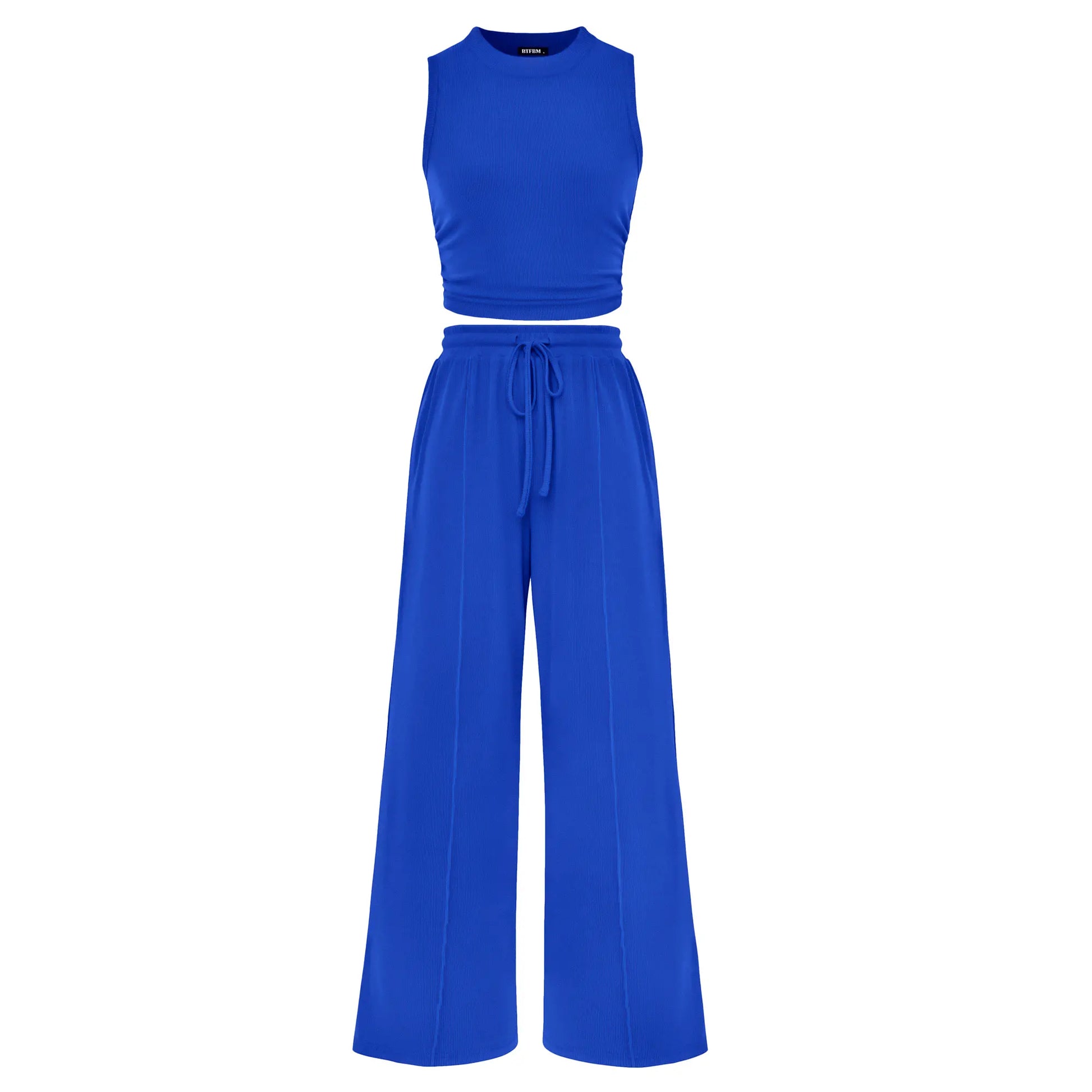 BTFBM Women'S Summer 2-Piece Outfits - Ribbed Knit Crew Neck Sleeveless Cropped Top & Wide Leg Pants Lounge Set #Outdoorfun