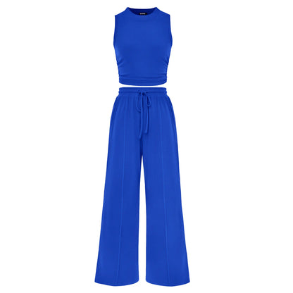 BTFBM Women'S Summer 2-Piece Outfits - Ribbed Knit Crew Neck Sleeveless Cropped Top & Wide Leg Pants Lounge Set #Outdoorfun