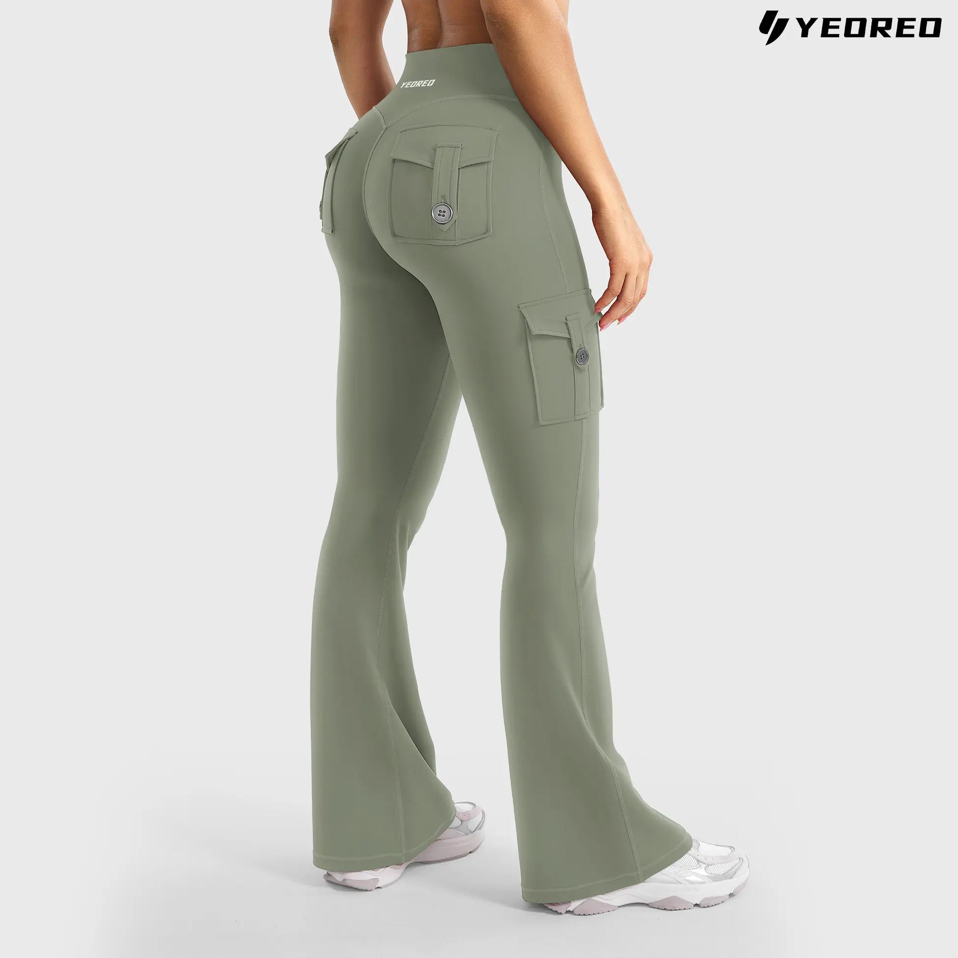 YEOREO Coreflex Women'S Workout Flare Leggings with Pockets Hidden Scrunch High Waisted Cargo Gym Yoga No Front Seam Leggings Flared Joggers Fitness Outfit Camouflage Sports Pants 75% Nylon 25% Spandex