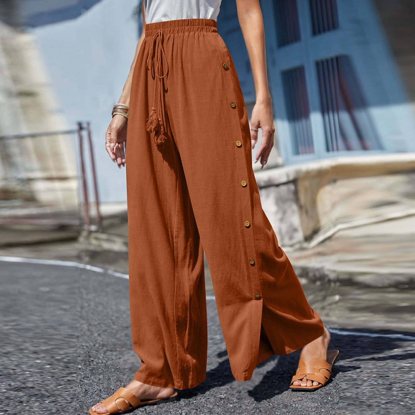 Plus Size Boho Wide Leg Drawstring Pants with Buttons